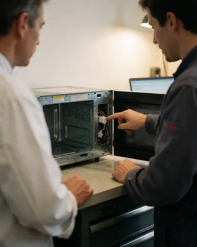 Technician points to a new fuse inside an open microwave while a client watches in a well-lit workshop.
