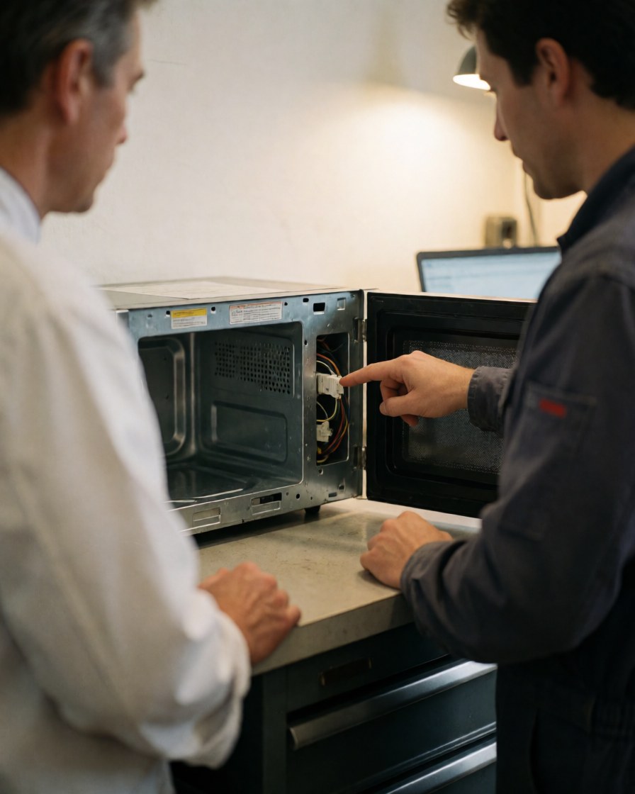 Technician points to a new fuse inside an open microwave while a client watches in a well-lit workshop.
