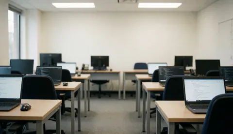 Modern coding classroom with rows of desks and laptops showing code on bright neutral background suitable for text overlay