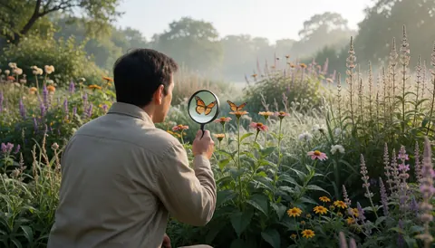 A man uses a magnifying glass to closely examine a butterfly in an ecological park filled with native vegetation and flowers under soft morning light.