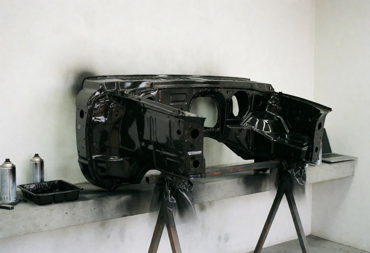 Freshly painted glossy black car body frame resting on a metal stand in a workshop with spray cans and a paint tray nearby