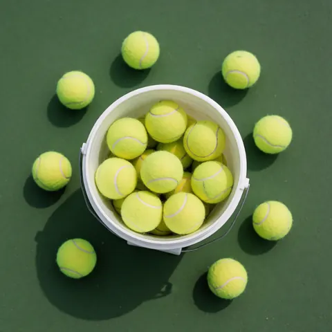 White bucket filled with yellow tennis balls sitting on a green tennis court surface, suitable for group tennis instruction and practice sessions.
