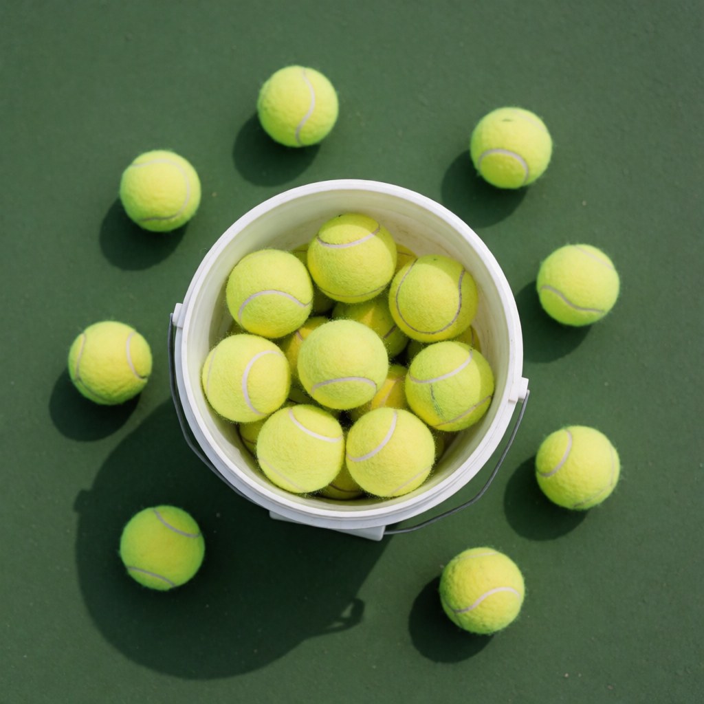 White bucket filled with yellow tennis balls sitting on a green tennis court surface, suitable for group tennis instruction and practice sessions.