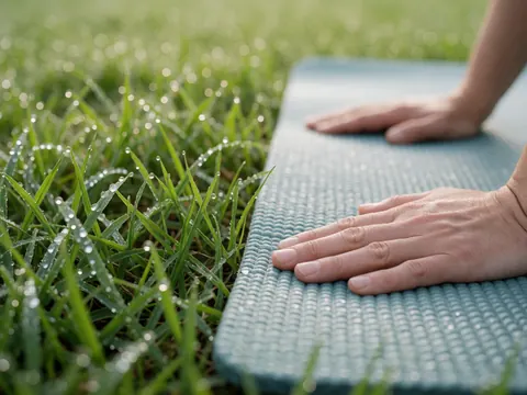 Close-up of hands resting on a yoga mat placed on grass with morning dew drops in an outdoor setting