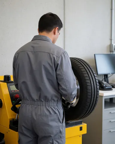 Technician adjusting a tire on a yellow balancing machine in a clean workshop with concrete walls