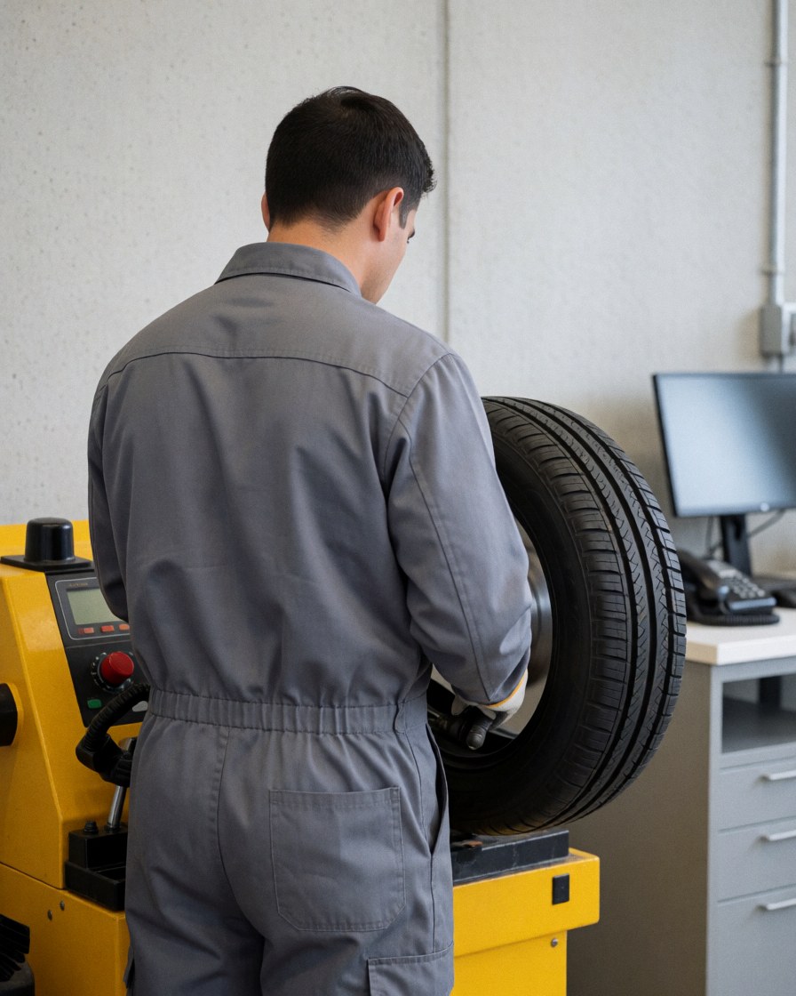 Technician adjusting a tire on a yellow balancing machine in a clean workshop with concrete walls