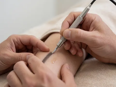 Close-up of a microblade tool applying a precise dark stroke on skin with a drop of ointment on a beige towel in a beauty salon setting