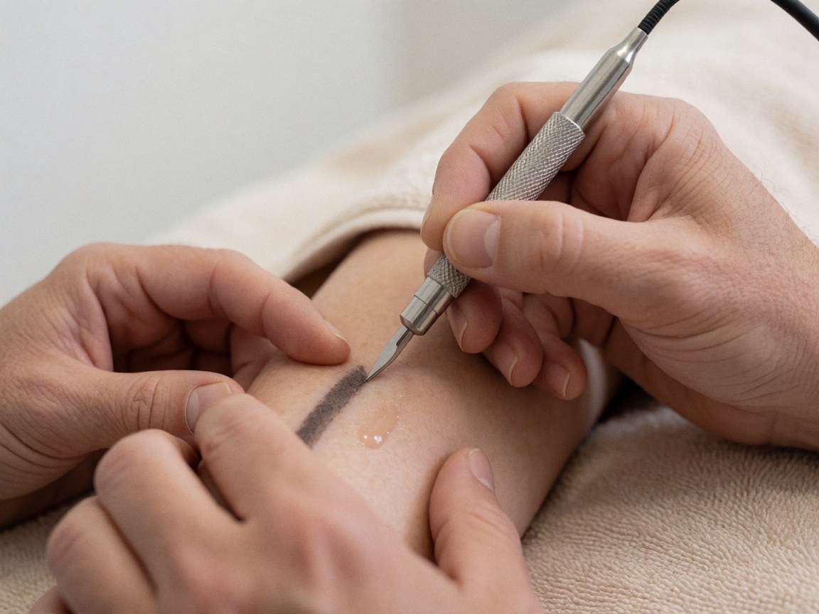 Close-up of a microblade tool applying a precise dark stroke on skin with a drop of ointment on a beige towel in a beauty salon setting