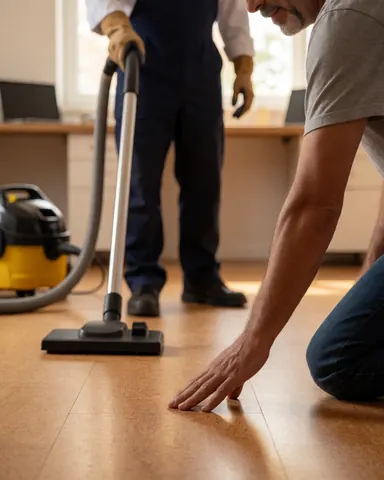 Close-up of a hand touching new cork flooring in an office setting