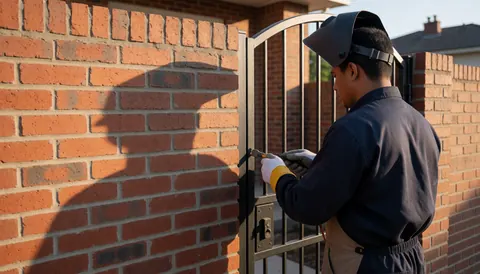 A welder works on a metal door next to a brick wall with visible tools and protective gear.