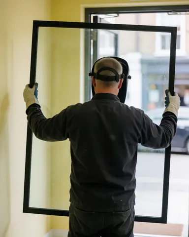 A glazier wearing safety gear installs a glass panel into a window frame with yellow walls.