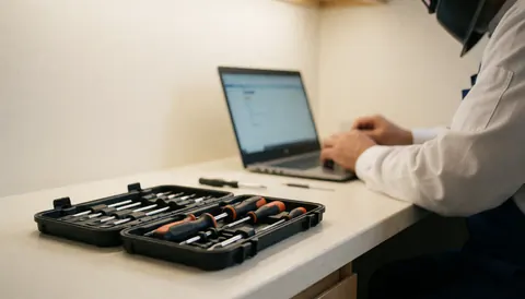 Organized screwdriver kit on a clean workbench with warm white walls, ready for electronics repair service.