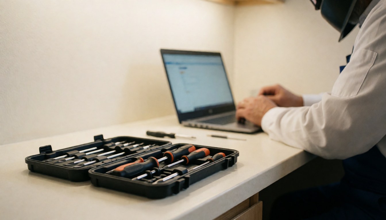 Organized screwdriver kit on a clean workbench with warm white walls, ready for electronics repair service.