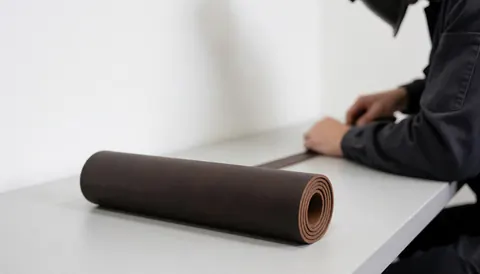 Brown leather roll on white table with hands working on watch repair in professional setting