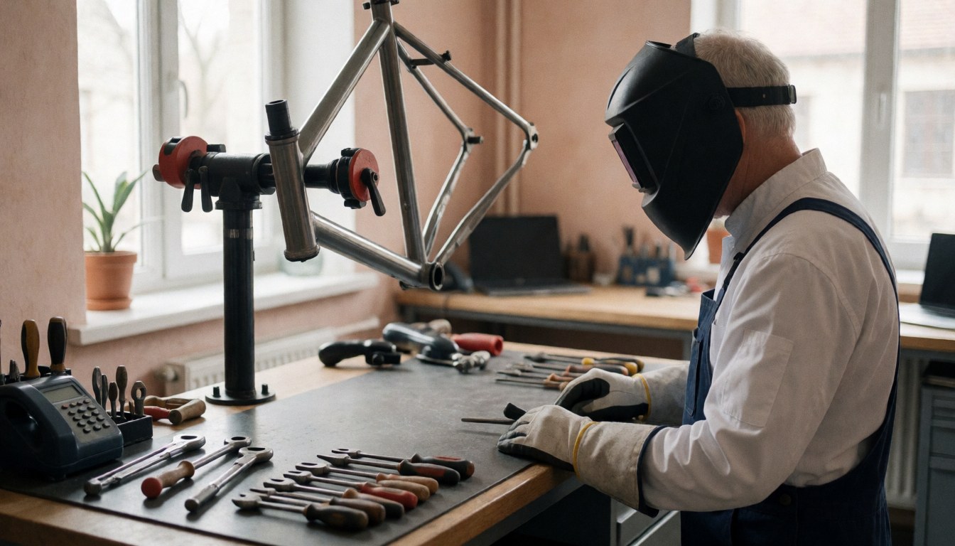 A worker repairs a bicycle frame in a tidy workshop with organized tools and light plaster walls.
