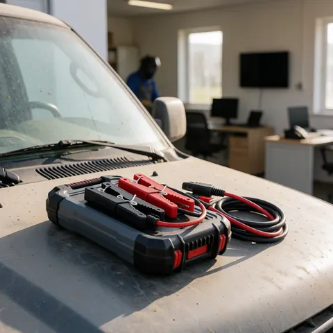 Red and black clamp jump starter resting on a truck hood in a battery repair shop with natural light