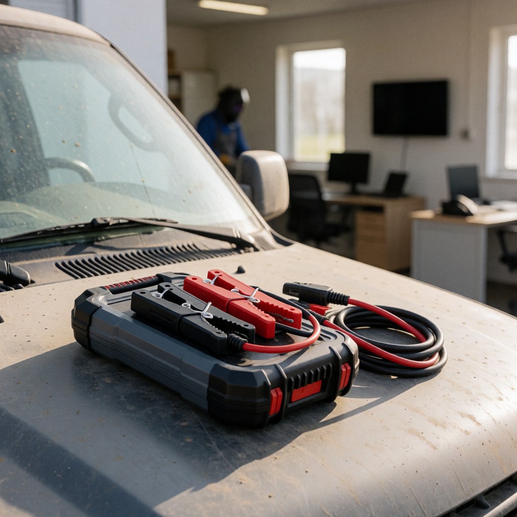 Red and black clamp jump starter resting on a truck hood in a battery repair shop with natural light