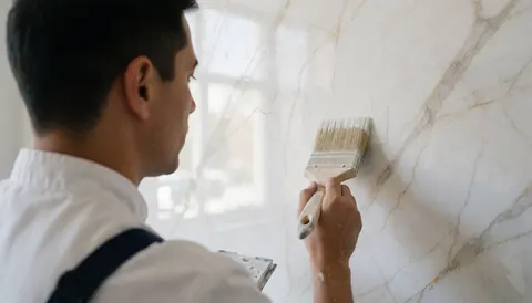 Painter applying marble glaze to a wall with a brush, natural light and glossy finish.