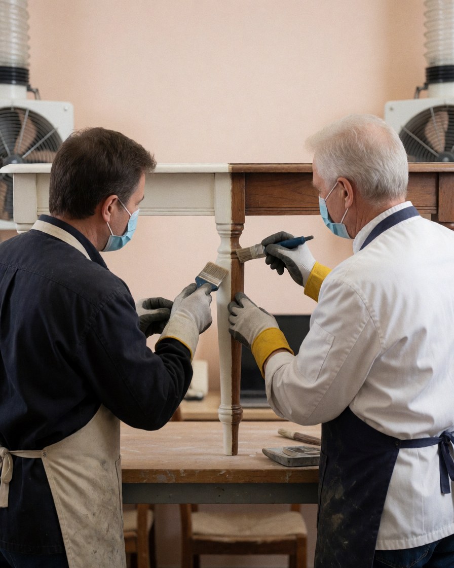 Two restorers wearing masks and gloves apply paint to antique table legs in a workshop with exhaust fans, showing furniture restoration work.