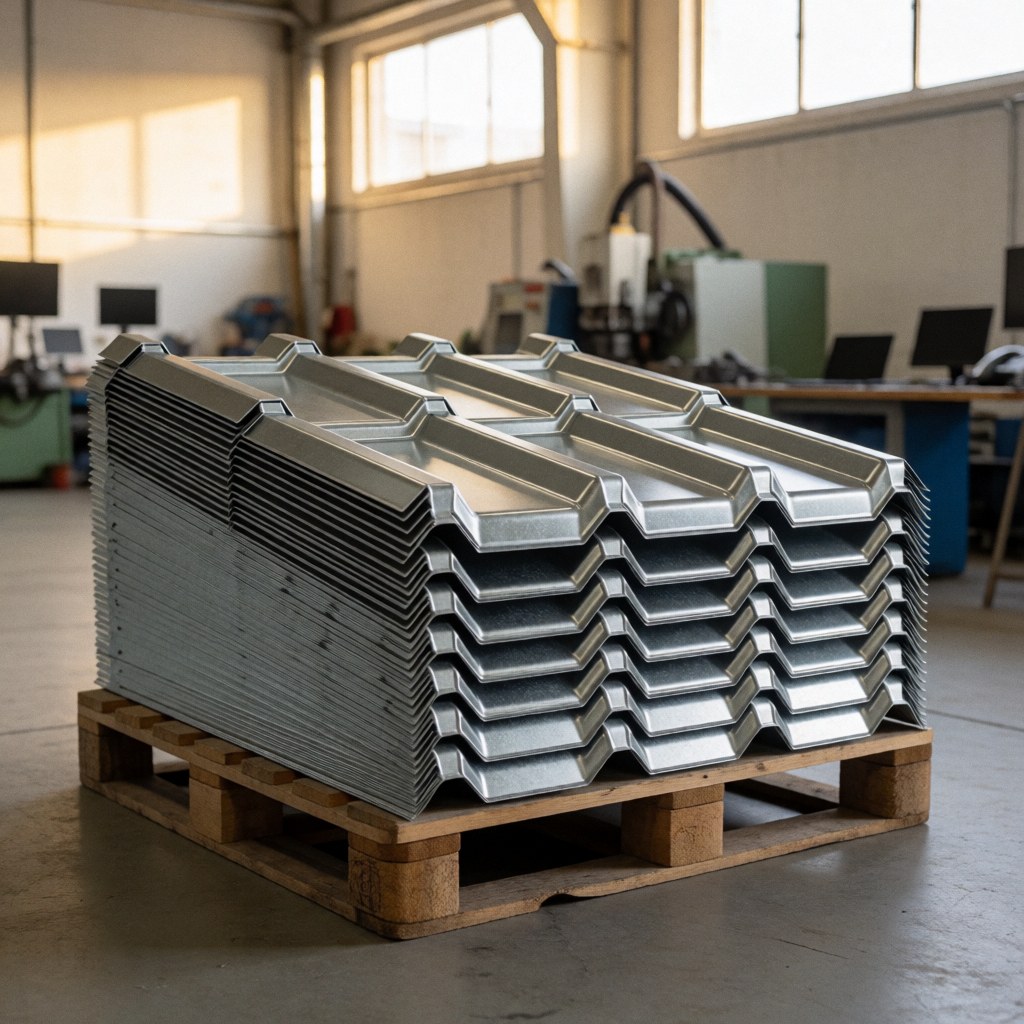 Stacked galvanized metal roofing sheets with interlocking edges resting on a wooden pallet in an industrial workshop with natural light
