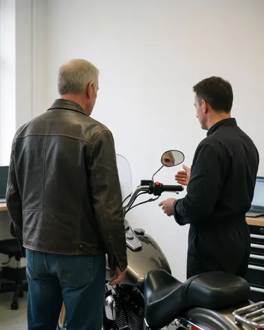Mechanic presenting chrome mirrors to a customer in a clean motorcycle repair shop
