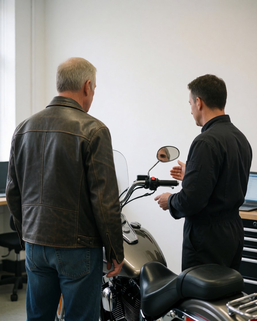 Mechanic presenting chrome mirrors to a customer in a clean motorcycle repair shop