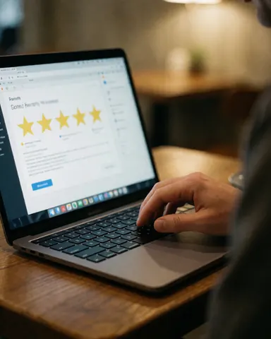 Close-up of a hand typing a five-star review on a laptop keyboard with the screen visible in a cafe setting.