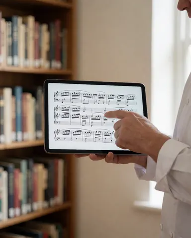 Music professional teaching with a tablet, displaying musical sheet music on the screen, with bookshelves in the background.