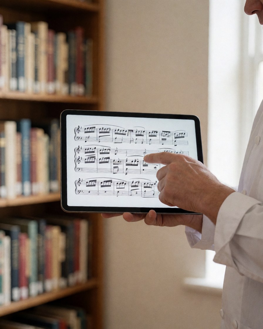Music professional teaching with a tablet, displaying musical sheet music on the screen, with bookshelves in the background.