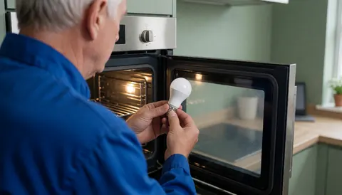 Technician in blue uniform holding an LED light in front of an open oven with green walls during appliance repair