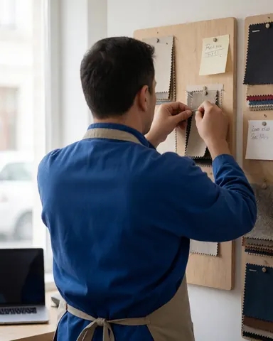 Upholsterer placing fabric swatches on a board with notes in a well-lit workshop with natural light