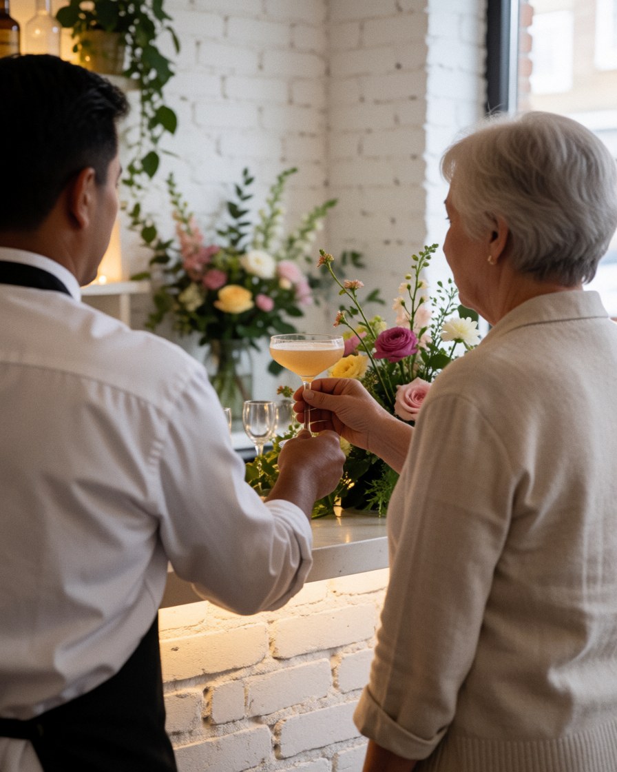Bartender serving a cocktail in a glass at a bar with white brick wall and fresh flowers