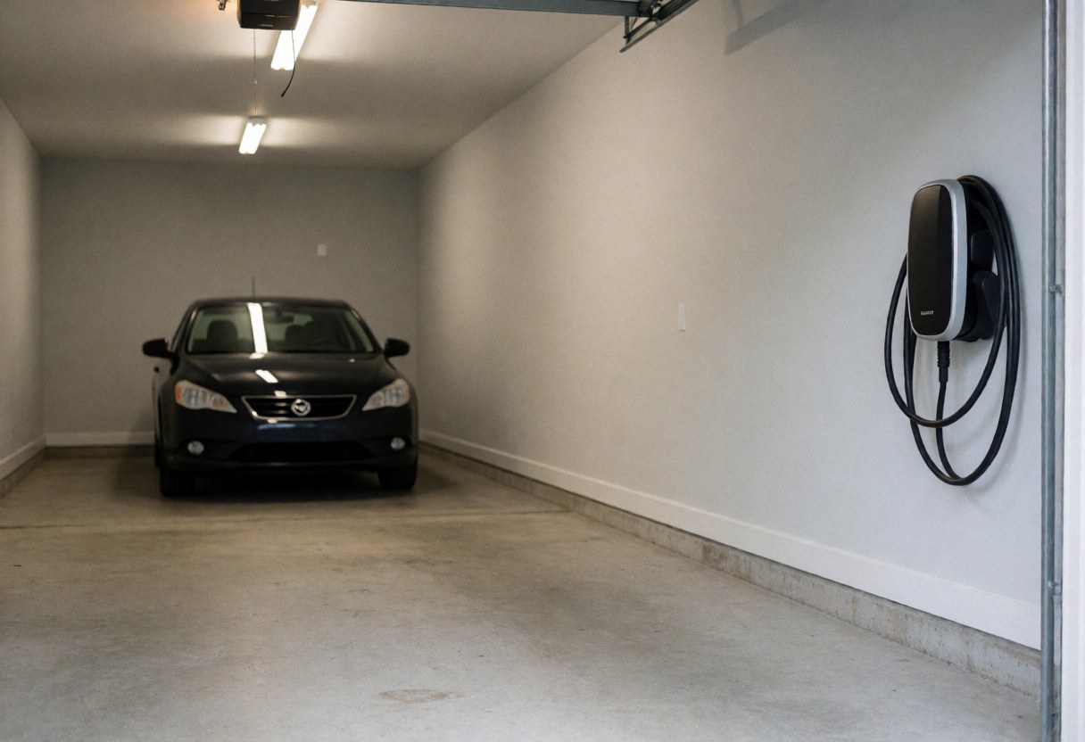 Modern residential garage featuring a wall-mounted electric vehicle charger and a parked car, suitable for home electrician services.