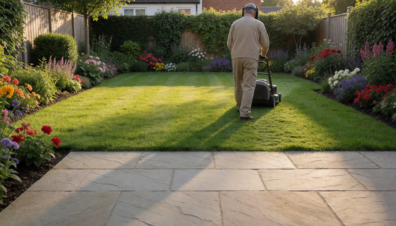 A man using a lawnmower in a garden with flowers and stone pavement, showing professional gardening service in action.