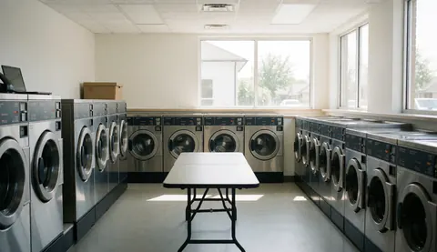 Modern laundromat interior featuring industrial washing machines, a folding table, large windows with natural light, and a clean, organized environment.