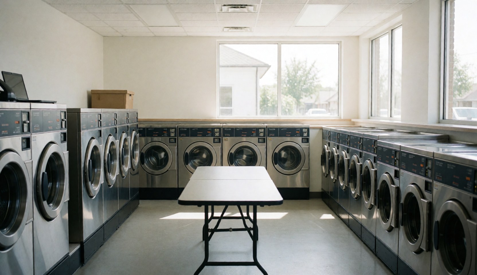 Modern laundromat interior featuring industrial washing machines, a folding table, large windows with natural light, and a clean, organized environment.