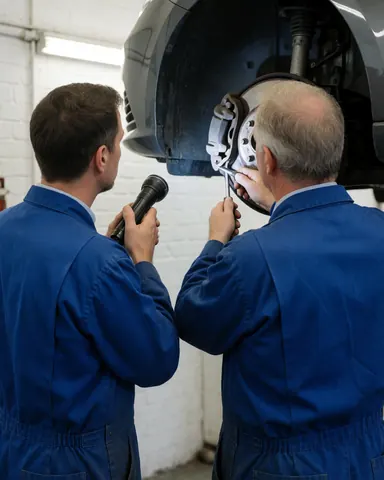 Two mechanics in blue uniforms working together on a car brake in a white brick wall garage.