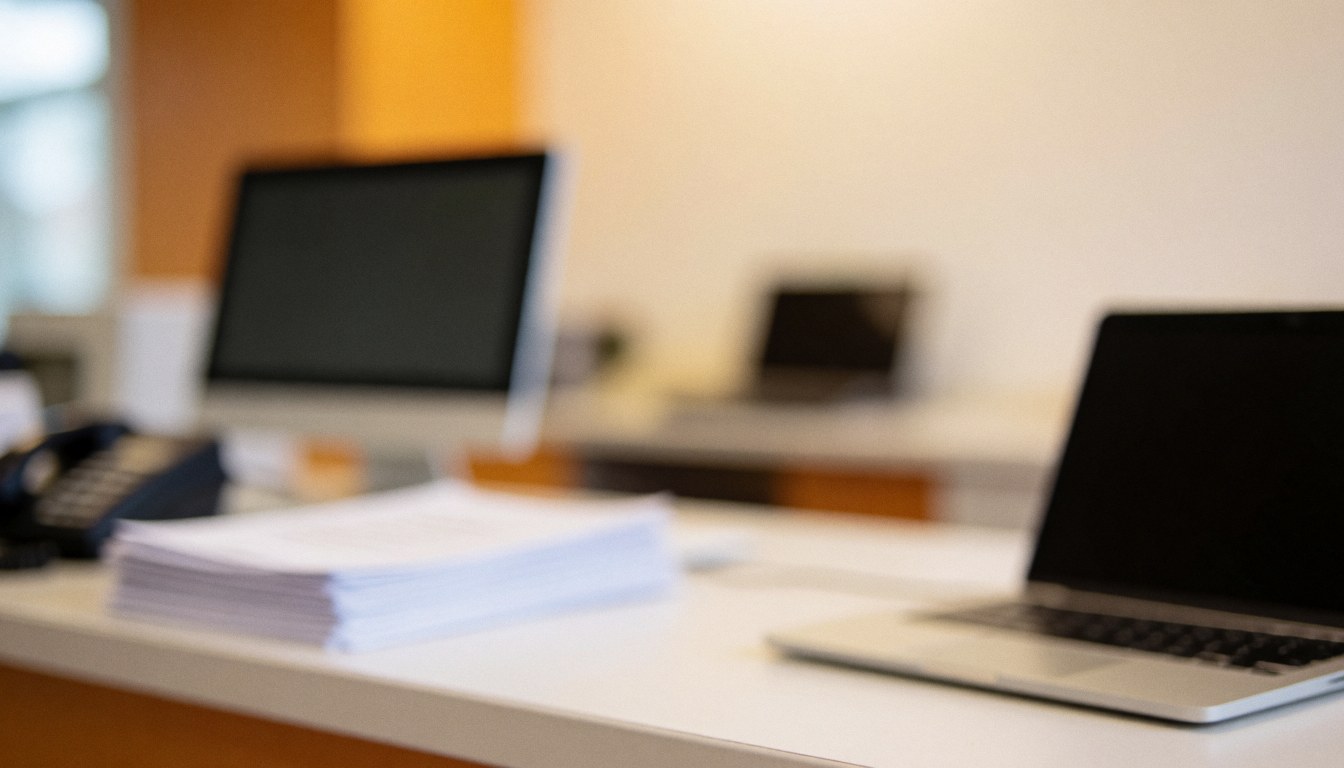 Clean desk with laptops and documents on a white surface, ideal for text overlay in a modern office setting.