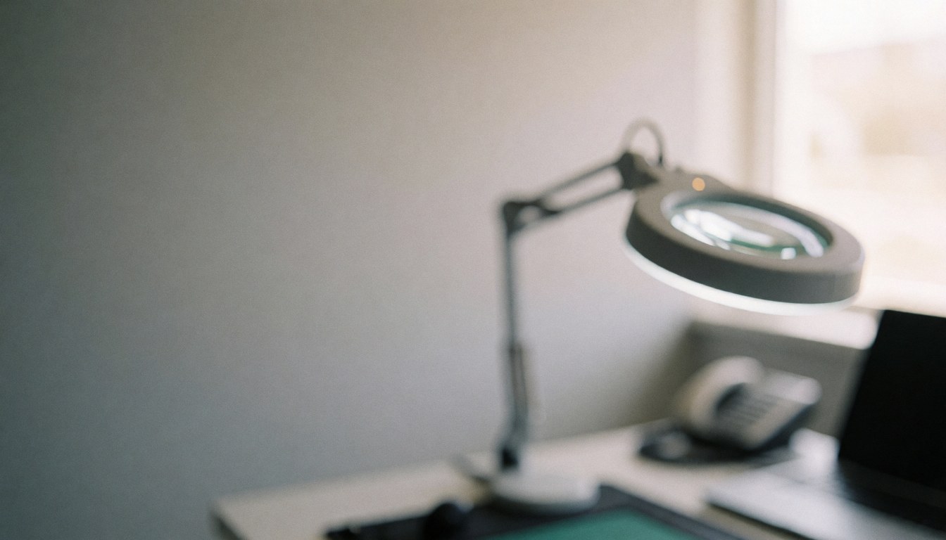 Magnifying glass resting on an anti-static mat on a repair table with soft lighting and a professional gray background for computer repair services.