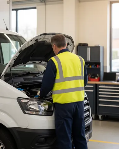Technician checking the engine of a white truck in a well-lit workshop with organized tools on shelves