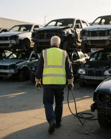 Worker wearing a reflective vest walking among crushed vehicles in a recycling yard at sunset