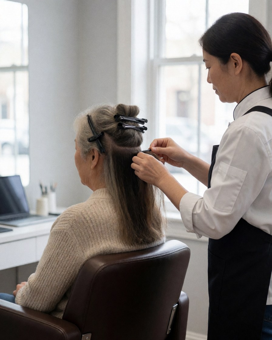 A stylist carefully adjusting hair extensions on a seated client in a salon with light gray walls and windows.