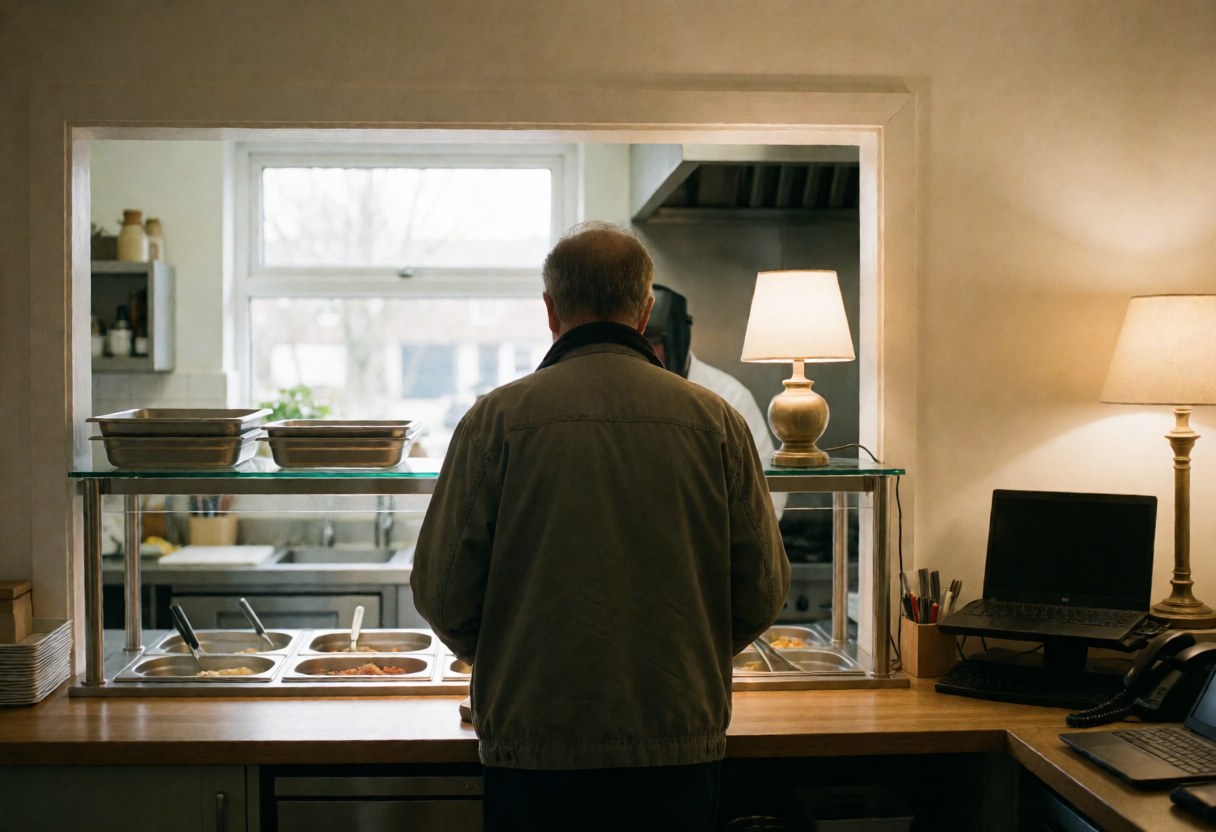 Customer standing at a food counter with a visible kitchen through the window, featuring warm white walls and natural light.