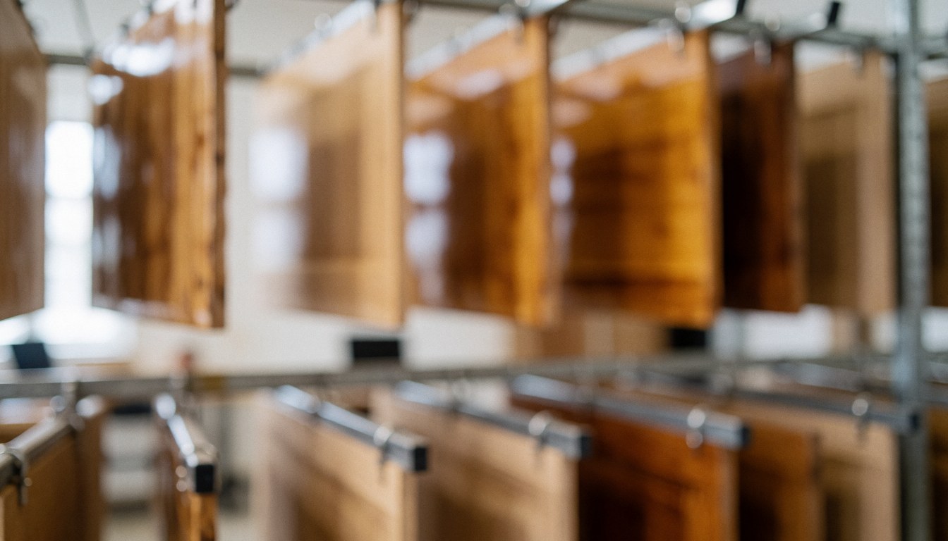 Glossy finished wood panels hanging on metal racks in a carpentry workshop, suitable as a text background