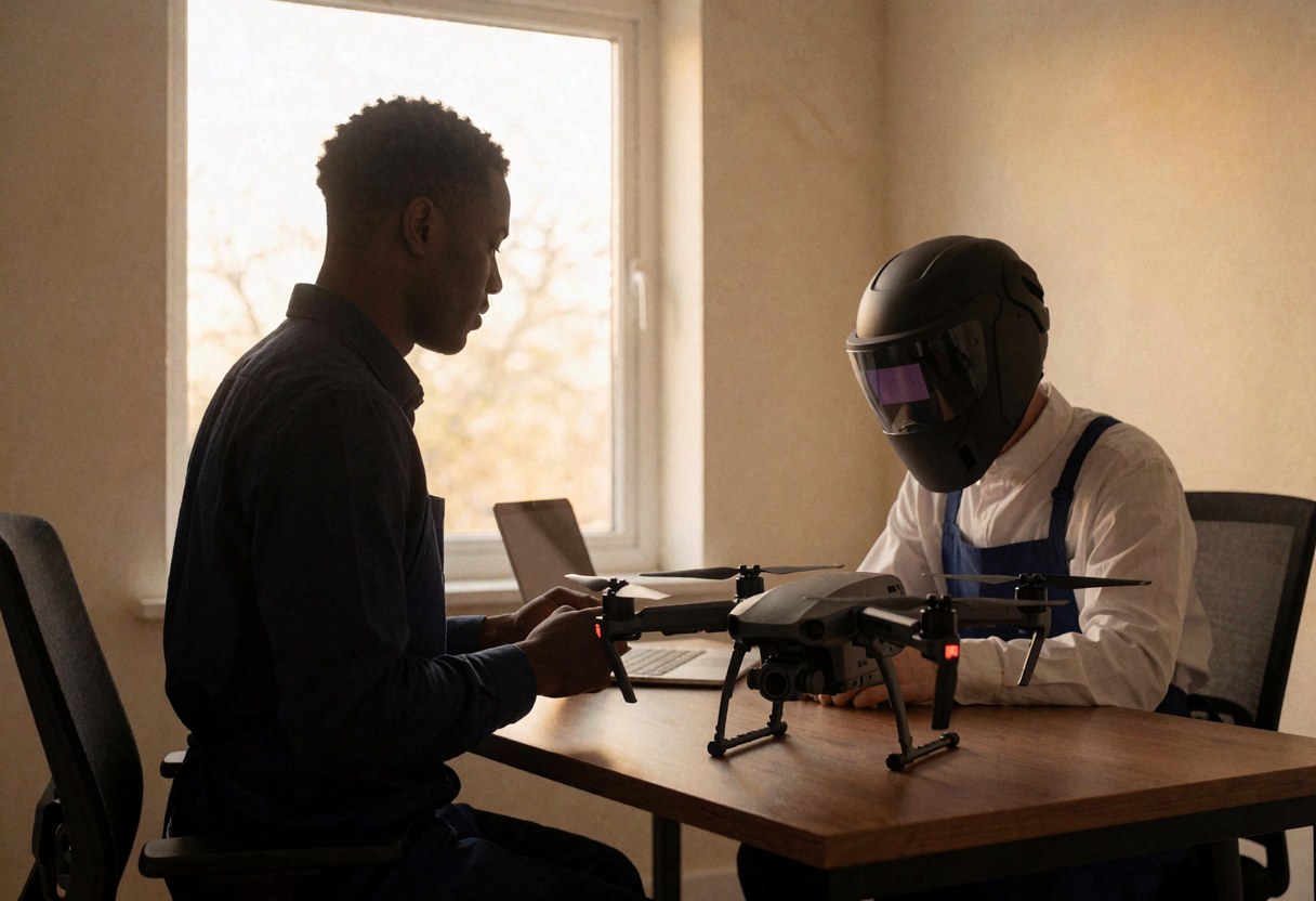 An educational drone rests on a wooden table near a window with natural light, suitable for a robotics workshop setting.
