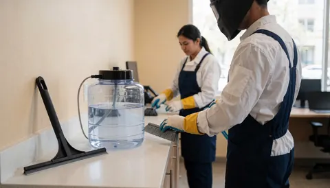 A window cleaner holding a squeegee and a water tank inside a modern office with beige walls.