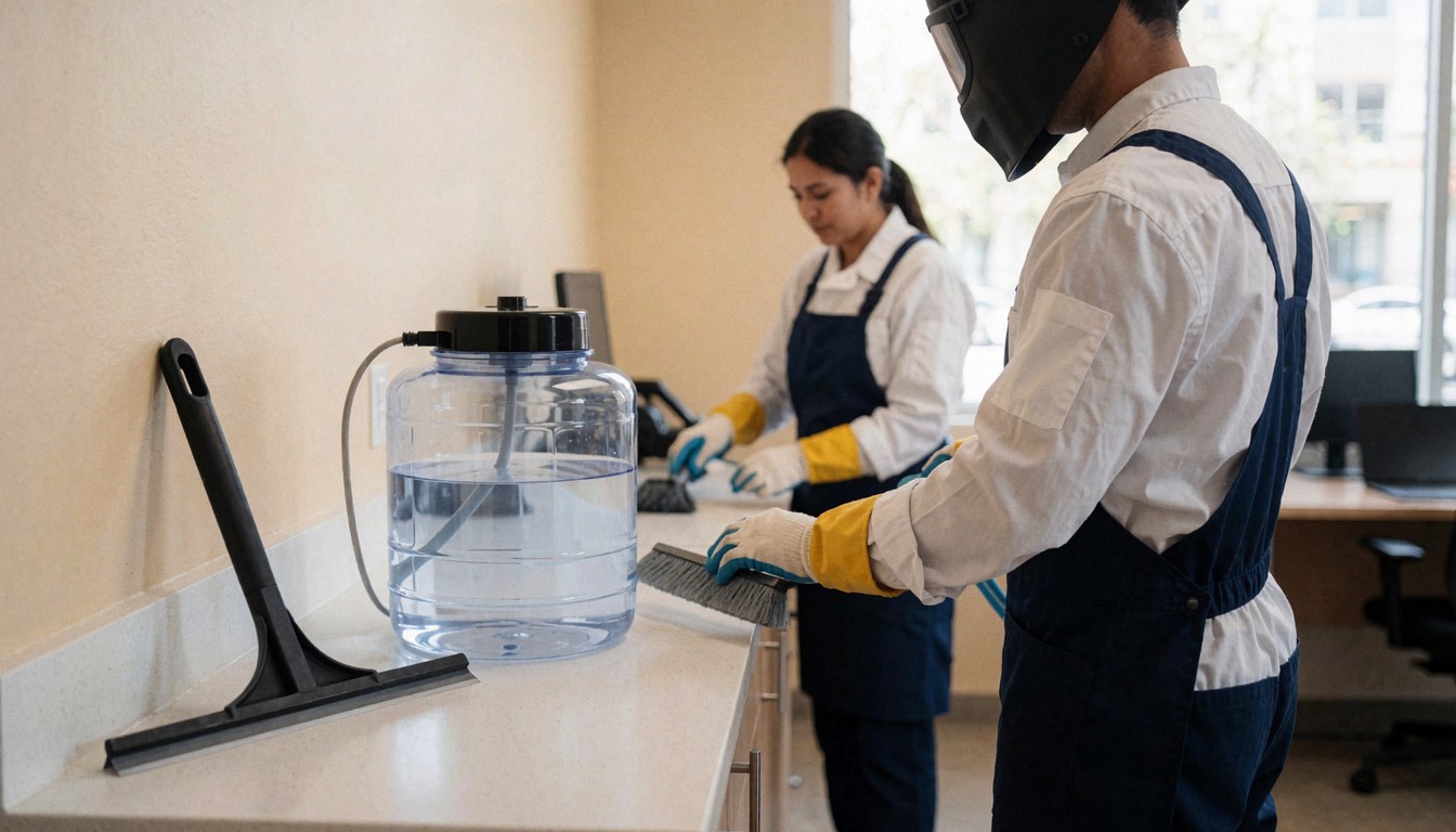 A window cleaner holding a squeegee and a water tank inside a modern office with beige walls.