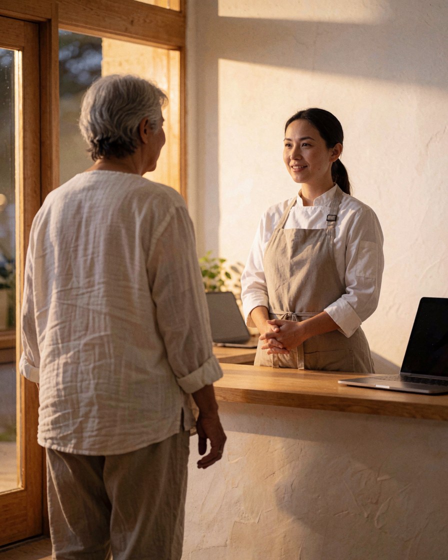 A smiling customer enters a warm and inviting wellness center reception area with friendly service and soft lighting