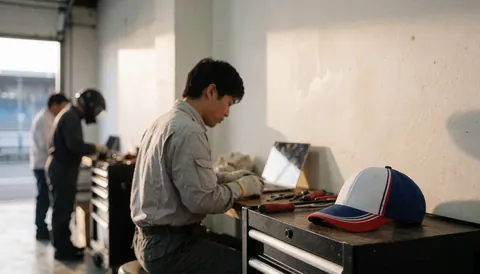Mechanic using laptop and tools in a workshop with morning light and walls