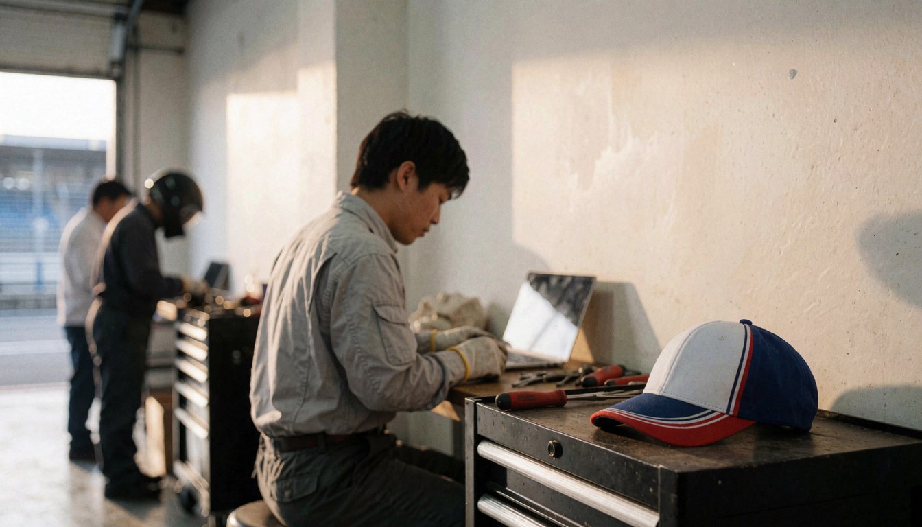 Mechanic using laptop and tools in a workshop with morning light and walls